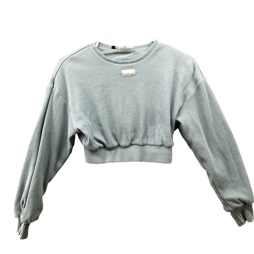 Bo+Tee Cropped Sweatshirt Womens XS Ribbed Crewneck Active Light Blue Teal‎